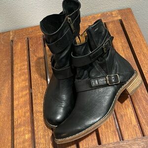 Paul Green Black Leather Moto Ankle Boots | Buckle Strap | Size 6
